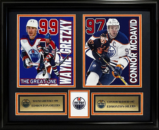 EDMONTON OILERS WAYNE GRETZKY/CONNOR MCDAVID 16X20  PHOTOS DOUBLE  MATTED WITH FRAME