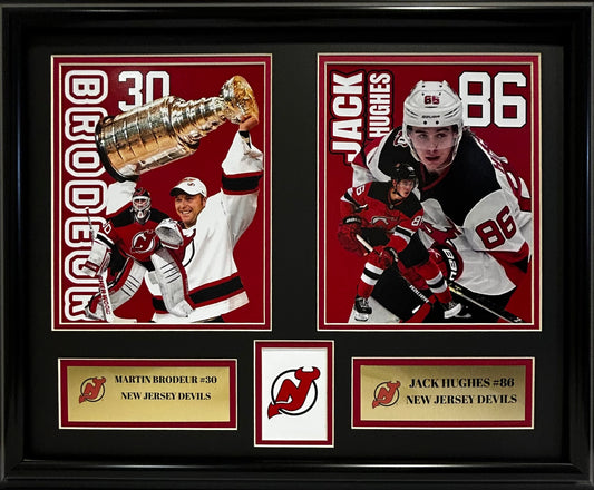 NEW JERSEY DEVILS MARTIN BRODEUR/JACK HUGHES 16X20 DOUBLE MATTED PHOTOS AND FRAMED