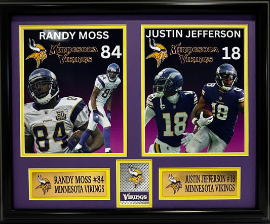 MINNESOTA VIKINGS RANDY MOSS/JUSTIN JEFFERSON 16X20 DOUBLE MATTED PHOTOS FRAMED