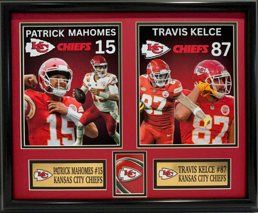 KANSAS CITY CHIEFS PATRICK MAHOMES/TRAVIS KELCE 16X20 DOUBLE MATTED PHOTOS FRAMED