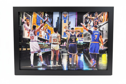 New York Knicks Legends Times Square Framed Collage Print – Ewing, Frazier, Starks & Melo